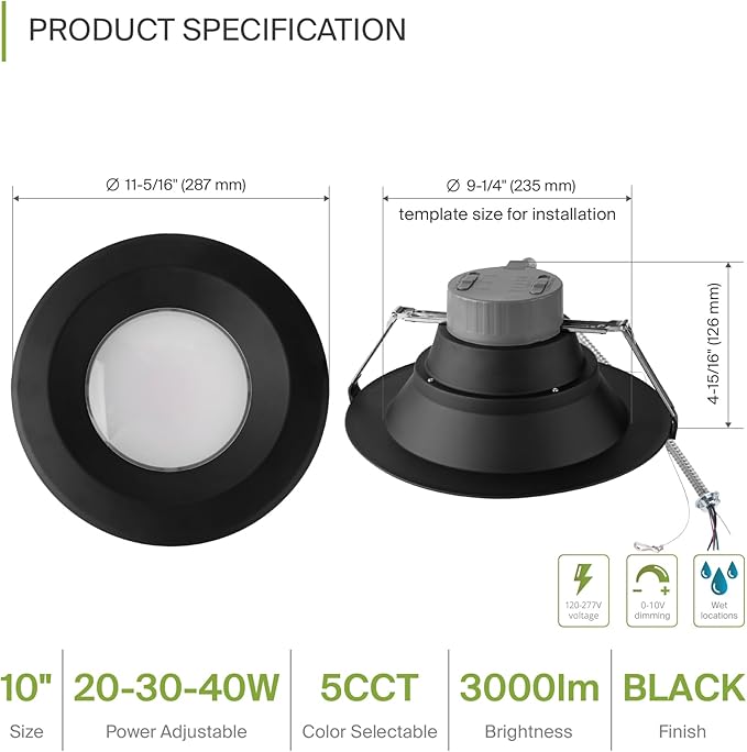 ASD 9/10 Inch Commercial Canless LED Downlight, Power Adjustable 20/30/40W Lighting, Round Dimmable Recessed Ceiling Light Fixture, 5 CCT 2700K-5000K, 120-277V IC Rated UL & Energy Star