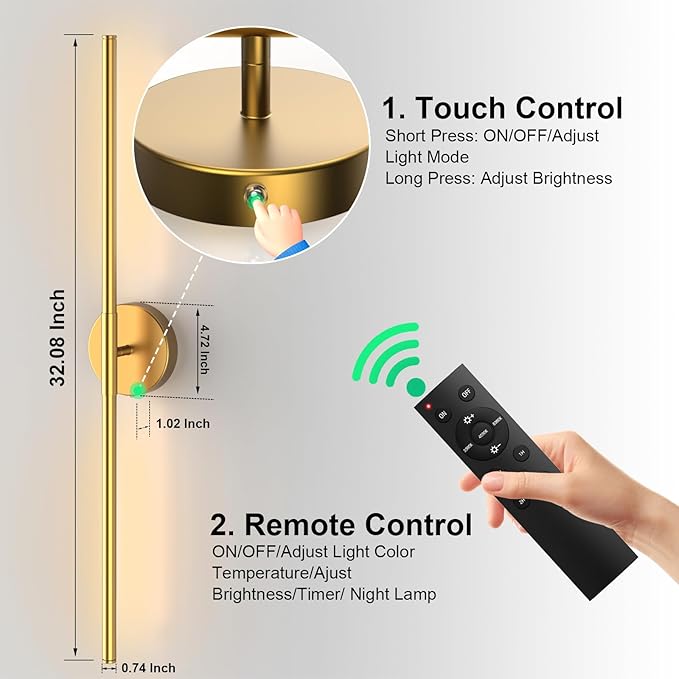 Tartek Battery Operated Wall Sconces Set of Two, Rechargeable Wall Lights with Remote Control, Dimmable 3000K-6000K LED Wall Lamp, 360°Rotate, Long Wireless Sconces for Living Room, Bedroom