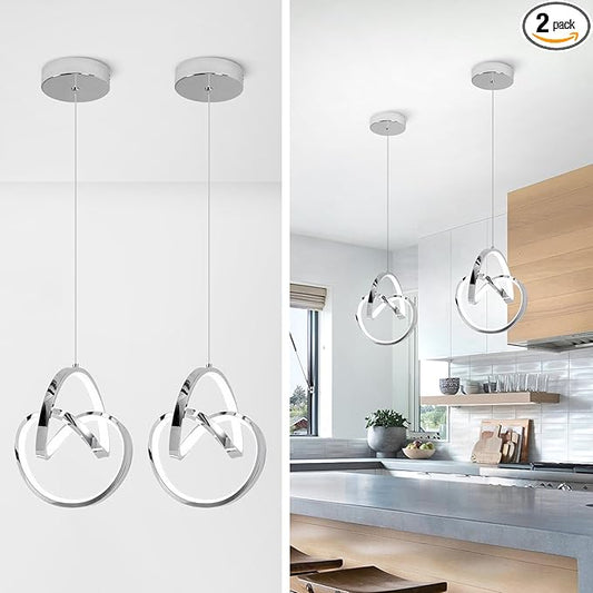 Modern LED Pendant Light Fixtures 4000K Pendant Lights Kitchen Island Lighting Adjustable Height Chrome Hanging Lamp for Dining Room Bedroom Living Room,2 Packs