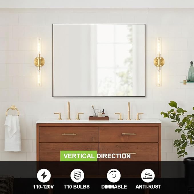 SANTOSTOCK Brushed Gold Bathroom Vanity Light Fixture, 2-Light Modern Wall Sconce Lighting W/Clear Glass, Brass Wall Mount Lamp for Mirror Hallway Kitchen Living Room, E26 T10 Bulbs(Excluded)