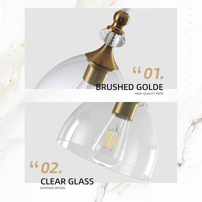 Pendant Lighting for Dining Room, Brushed Gold Pendant Light Kitchen Island, Modern Pendant Lighting with Glass Shade for Living Room, Foyer, Bedroom, Hallway, Gold/Clear