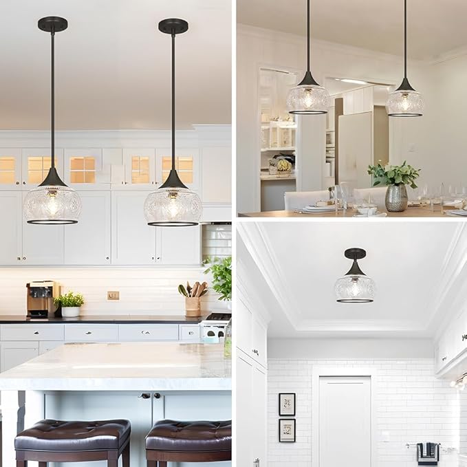 Black Pendant Light - Modern Pendant Lights Kitchen Island with Handblown Glass, Vintage Hanging Light for Kitchen with Adjustable Height, Lithging Fixture for Dining Room Sink