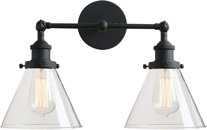 PERMO Industrial Double Sconce 2-Lights Wall Sconces with Dual Funnel Clear Glass Shade Wall Sconce for Mirror Hallway Bedroom, Hardwired, E26 Base (Black)