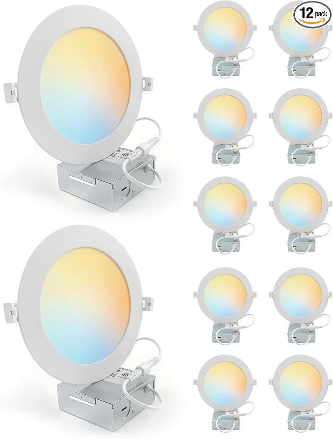 LEDYOND 6 Inch Recessed Lightings 12 Pack, 1200LM Ultra-Thin LED Wafer Downlights with Metal Frame, Iron Junction Box, 5CCT Selectable 2700-5000K, CRI90 Dimmable Canless Ceiling Light, Energy Star