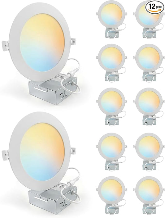 LEDYOND 6 Inch Recessed Lightings 12 Pack, 1200LM Ultra-Thin LED Wafer Downlights with Metal Frame, Iron Junction Box, 5CCT Selectable 2700-5000K, CRI90 Dimmable Canless Ceiling Light, Energy Star