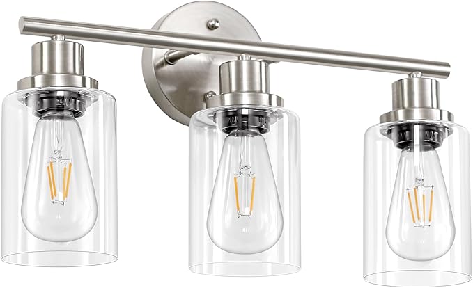 3-Light Brushed Nickel Vanity Lights, E26 Modern Bathroom Light Fixtures with Clear Glass Shade, Wall Lamps for Mirror Kitchen Hallway Cabinet Living Room Sconces Lights