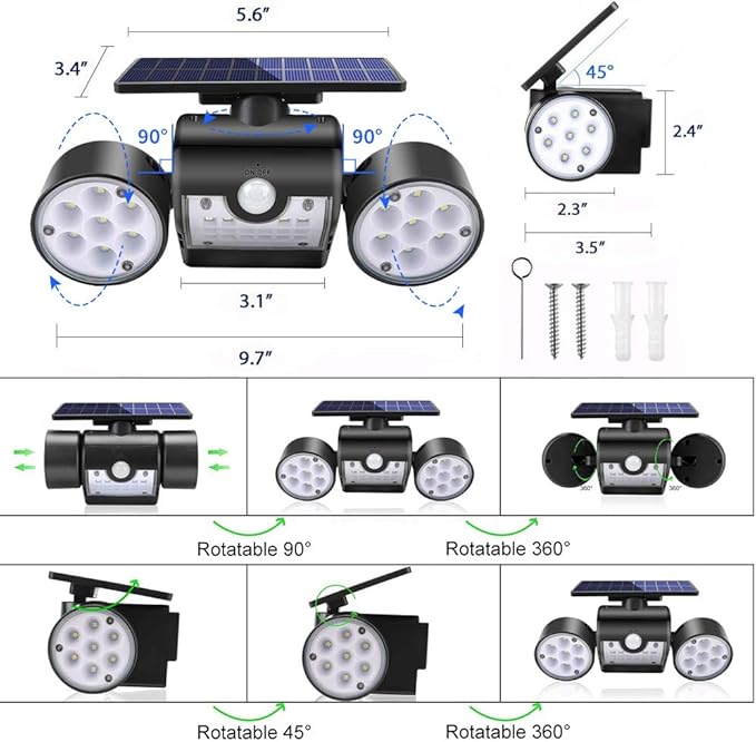 Outdoor Solar Lights, 30 LED Solar Security Lights with Motion Sensor Dual Head Spotlights IP65 Waterproof 360° Adjustable LED Solar Motion Lights for Front Door Garage Patio Deck, 2 Pack