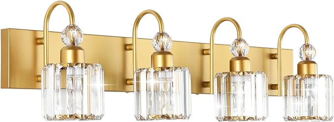 Ralbay Gold Vanity Lights 4-Lights Gold Crystal Bathroom Vanity Lights Over Mirror Modern Crystal Bathroom Wall Lighting Fixtures