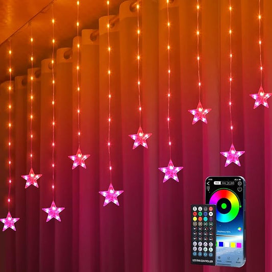 Star Curtain Lights, 10ft x 3.3ft RGB LED Color Changing String Fairy Lights Stars Curtain, Smart APP & IR Remote, 200+ Scene Modes for Bedroom Backdrop Indoor Outdoor Christmas Decorations
