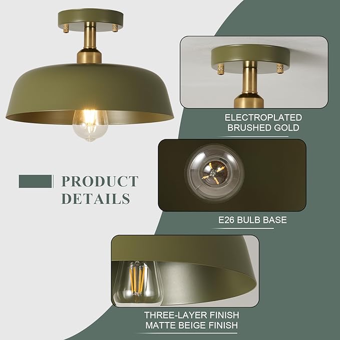 Modern Semi Flush Mount Ceiling Light, 1-Packs Matte Green Hallway Ceiling Light Fixtures,Mid Century Ceiling Lamp for Kitchen Hallway Entryway Bedroom Laundry Room(1 Packs)