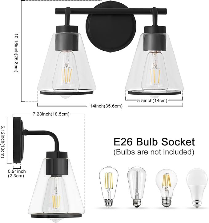 Black Bathroom Vanity Light 2 Lights Bathroom Light Fixtures Over Mirror Vanity Lighting Fixtures with Clear Glass Shade 14 inch Modern Vanity Lights for Bathroom Wall Sconce Lights for Bedroom