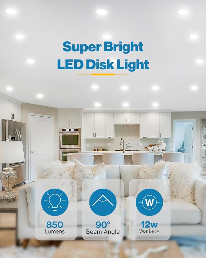 Sunco 24 Pack 6 Inch LED Disk Lights, Flush Mount Ceiling Light Disc, Recessed Can Lighting, 850 LM, 12W (65W Equivalent), 3000K Warm White, Dimmable, Damp Rated ETL.