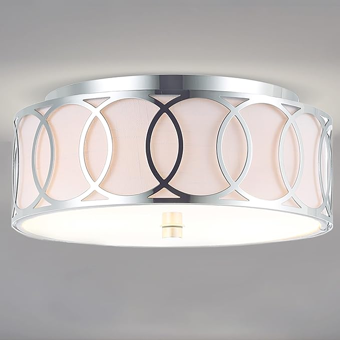 JONATHAN Y 12.25" Chrome 2-Light Modern Metal LED Flush Mount Ceiling Light for Bedroom Hallway, White Linen Drum Shade with Geometric Fretwork, LED Bulbs Included (JYL3502B)