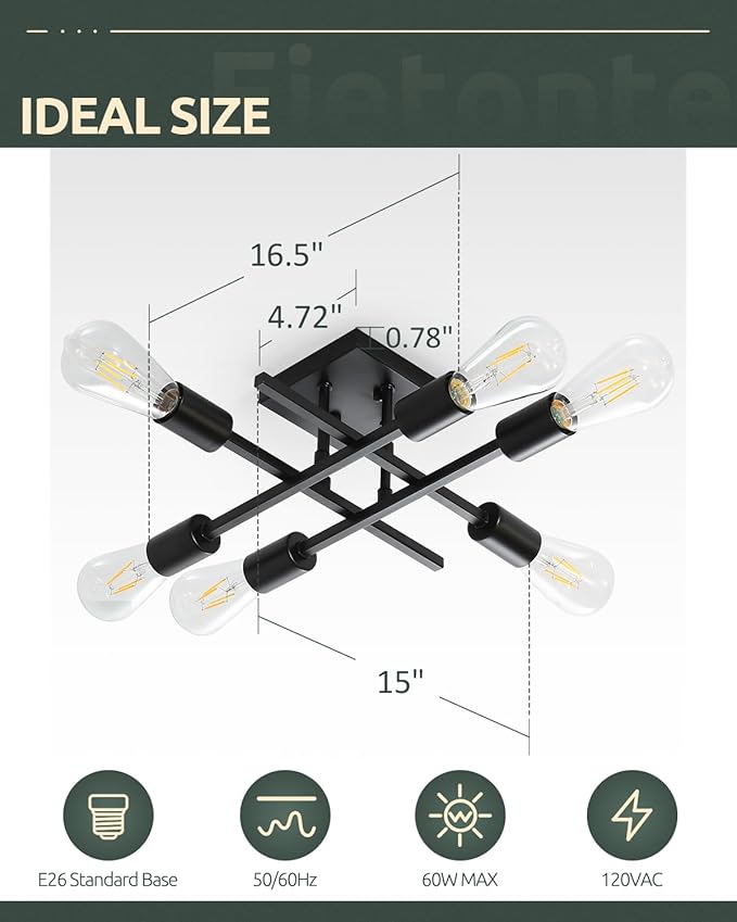 6-Light Semi Flush Mount Ceiling Light Fixture, Industrial Black Close to Ceiling Lighting, Modern E26 Base Sputnik Chandelier Ceiling Lamp for Kitchen Bedroom Living Room Hallway, 2 Pack