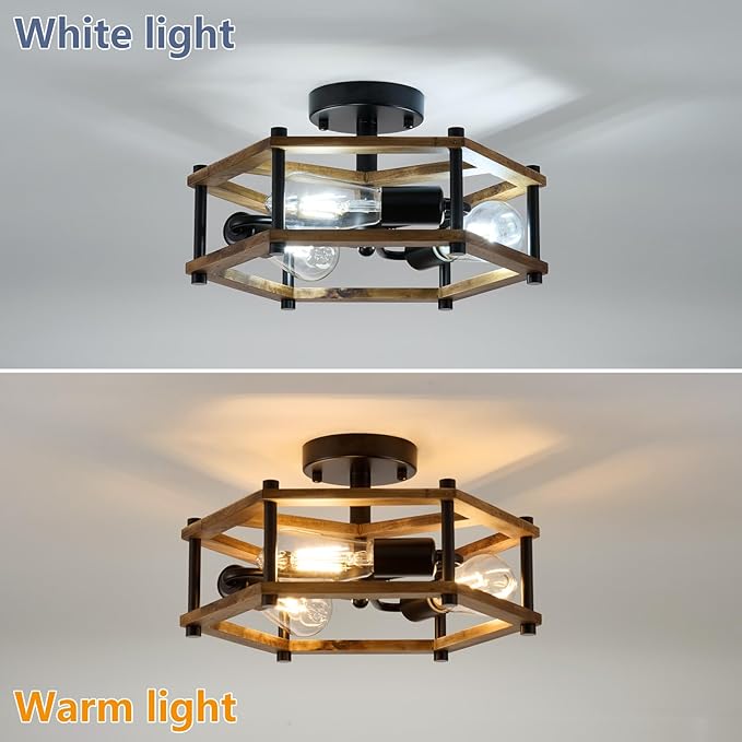 Dijiahua 3-Light Rustic Farmhouse Wood Flush Mount Ceiling Light Fixture, Black Semi Flush Mount Ceiling Lighting with Oak Wooden and Hexagonal Cage for Hallway Entryway Bedroom Kitchen