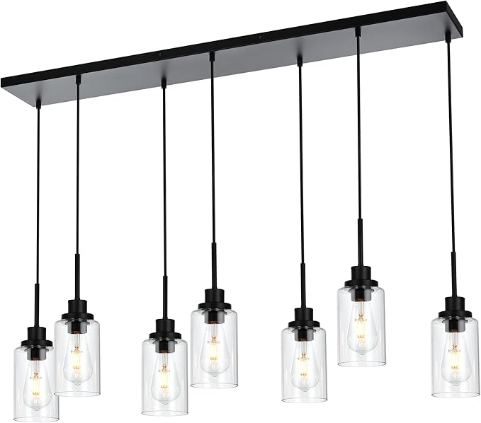 MELUCEE Linear Hanging Pendant Lights with Clear Glass Shade Black Dining Room Light Fixtures Over Table Kitchen Island Lighting, Adjustable Hanging Height