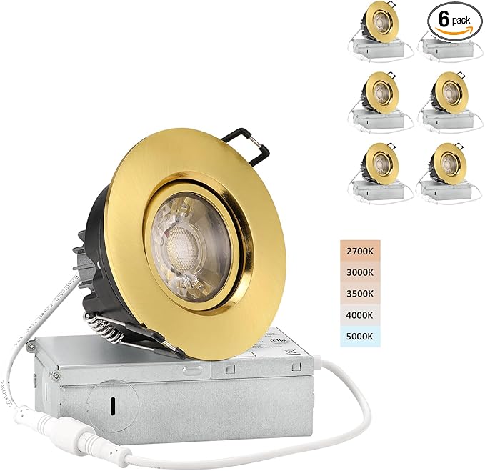 POPANU Premium Shiny Gold 3-inch LED Recessed Lights - 5 CCT 3 Inch Eyeball Ceilling Gimbal Potlight, Dimmable Recessed Lights Fixture with Junction Box, 8W CCT Adjustable, Shiny Gold, 6P