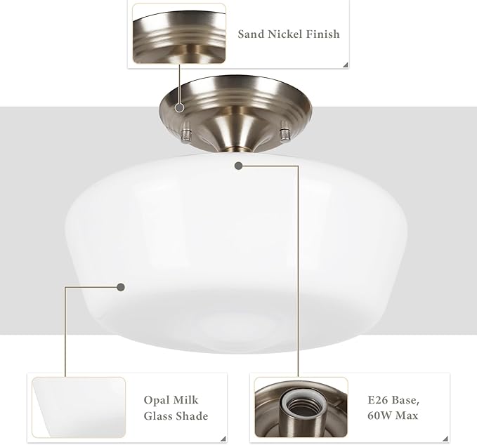 Schoolhouse Style Semi Flush Mount Ceiling Light Fixture, 12" Modern Hallway Ceiling Lamp with Opal Milk Glass Shade Brass, Farmhouse Globe Light for Bedroom Kitchen Hallway Entryway Laundry