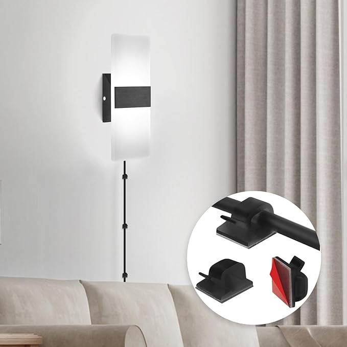 Plug in Wall Sconces with Adjustable 3000K-6500K Colors & 10%-100% Brightness, Wall Sconces Set of Two with Remote, 12W Acrylic LED Plug in Wall Light, Sconces Wall Decor Set of 2 (2 PACK,Black)