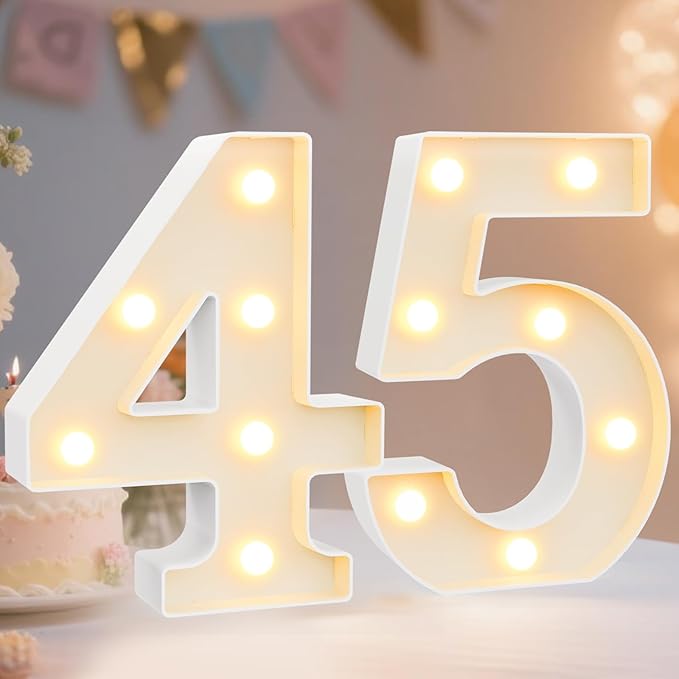 Pooqla Decorative LED Light Up Number Letters, White Plastic Marquee Number Lights Sign for 45th Birthday Party Wedding Decor, Battery Operated (45)