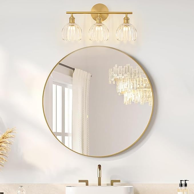 Gold Bathroom Light Fixtures Over Mirror, 3 Light Bathroom Vanity Light Fixture with Tulip Transparent Glass Lampshade, Vintage Vanity Lights for Bathroom, Bathroom Vanity Lights Over Mirror