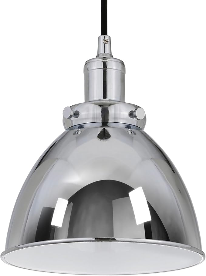 Henn&Hart 8'' Industrial Dimmable Pendant Light Fixture with Polished Silver Metal Dome Shade and 8' Adjustable Cord for Kitchen Island, Dining Room or Game Room, Polished Silver