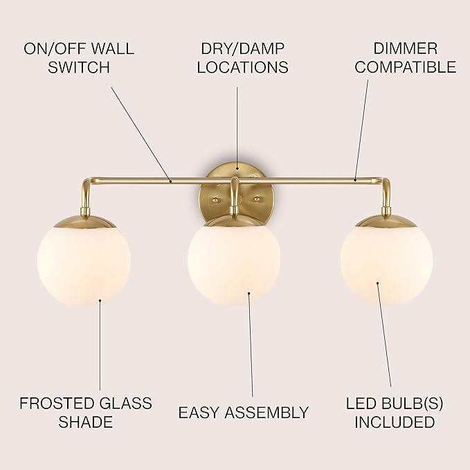 JONATHAN Y 25" Gold Painting Modern Globe Wall Sconce Vanity Light for Bathroom, White Frosted Glass Shade, Midcentury Parisian Bistro Wall Lamp, LED Bulb Included (JYL3536A)