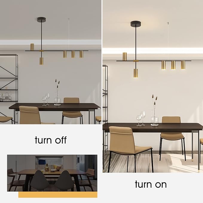 Siittoo Modern Kitchen Island Light with Remote, Dimmable LED Linear Pendant Light, 39.3" Black Gold Dining Room Light Fixture Over Table (30W, 5-Light)