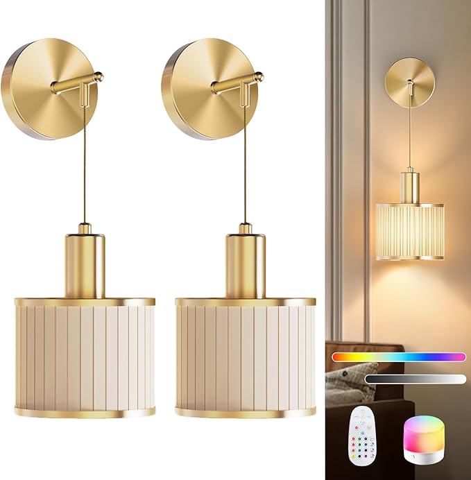 SAIMAND Battery Operated Wall Sconce Set of 2, Wireless Rechargeable Wall Lights with Remote Control, 9 Colors Dimmable LED Lamps, Modern Cordless Sconces for Bedroom Living Room Hallway(Gold)