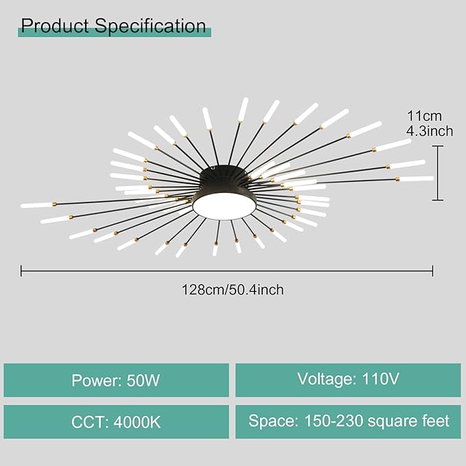 ziidoo Modern Ceiling Light, 42+1 Lights Metal Firework Designed Chic Led Lighting Fixture for Farmhouse Kitchen Dining Room Bedroom Hallway Living Room (Black)