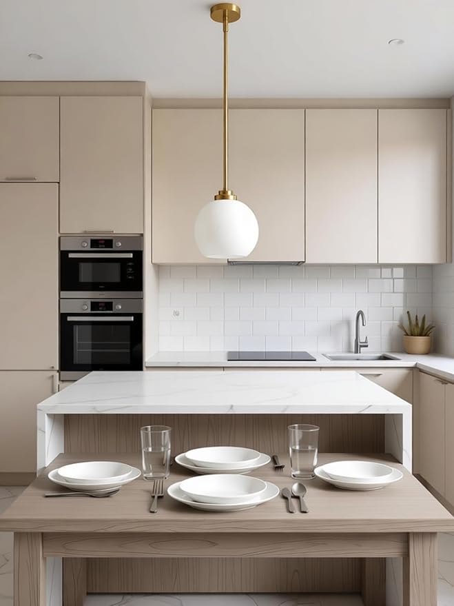 Majade Globe Pendant Lights Kitchen Island Pendant Light Fixtures 7.4 Inch Gold Mid Century Modern Brushed Brass Pendant Lighting with Milk Glass Adjustable Hanging Light Fixtures for Dining Room