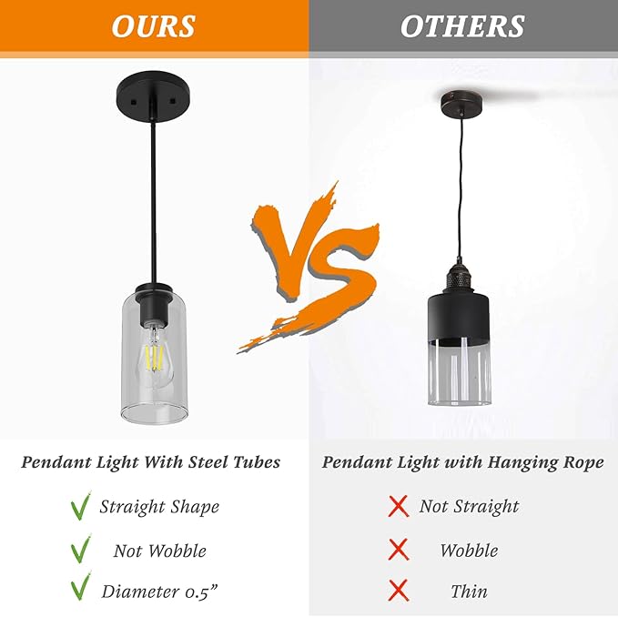 Zevluck Pendant Light Fixtures, Matte Black Pendant Lighting with 5 Adjustable Tubes, Hanging Light Fixtures with Clear Glass Shade, Tiltable Pendant Lighting for Kitchen Island, Dining Room, Bathroom