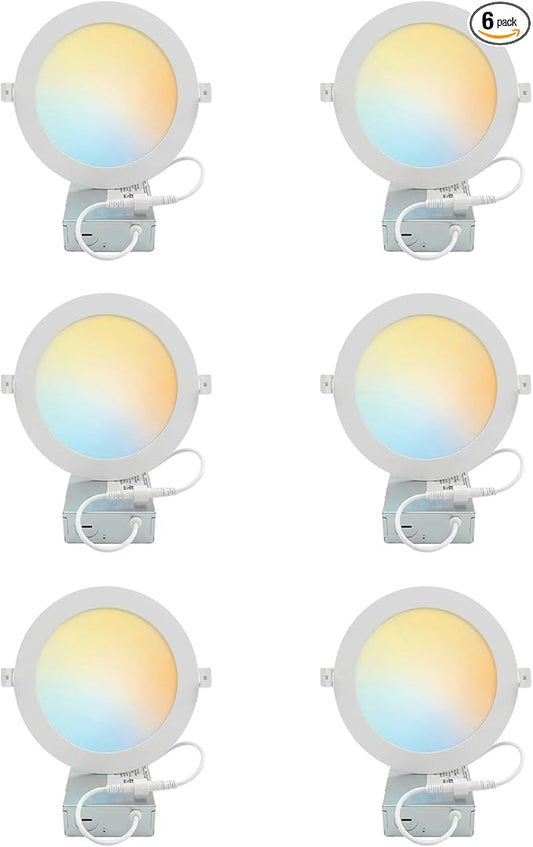 LEDYOND 6-Pack 6 Inch Canless LED Recessed Lighting with Iron Junction Box, 1200LM Slim Wafer Light, 5CCT 2700K-5000K Selectable, CRI 90+, Dimmable Metal Trim Retrofit Ceiling Light, Energy Star &ETL
