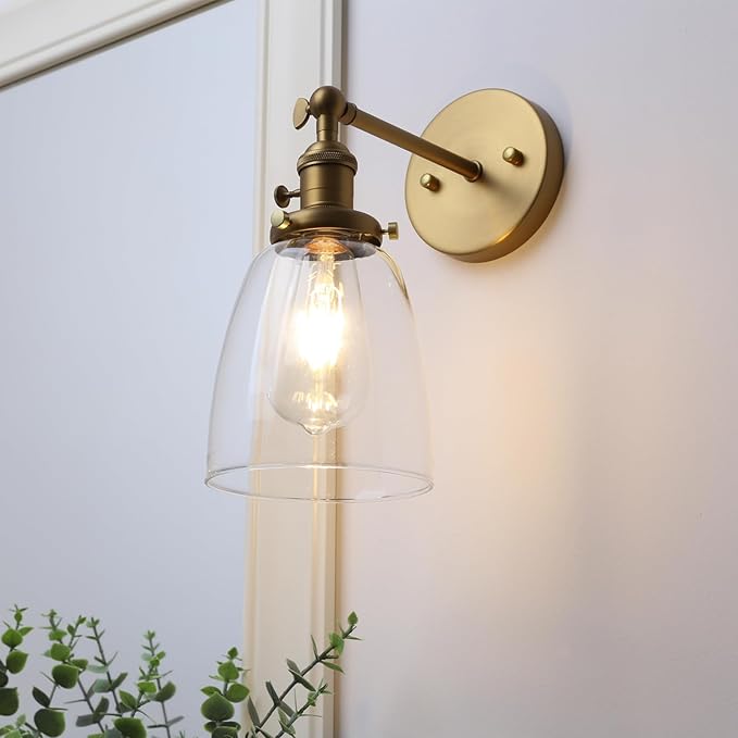 Pathson Vintage Wall Sconce Lighting with On Off Switch, Clear Glass Shade Brass Vanity Light, Industrial Wall Fixtures for Living Room Bathroom Bedroom Garage Porch
