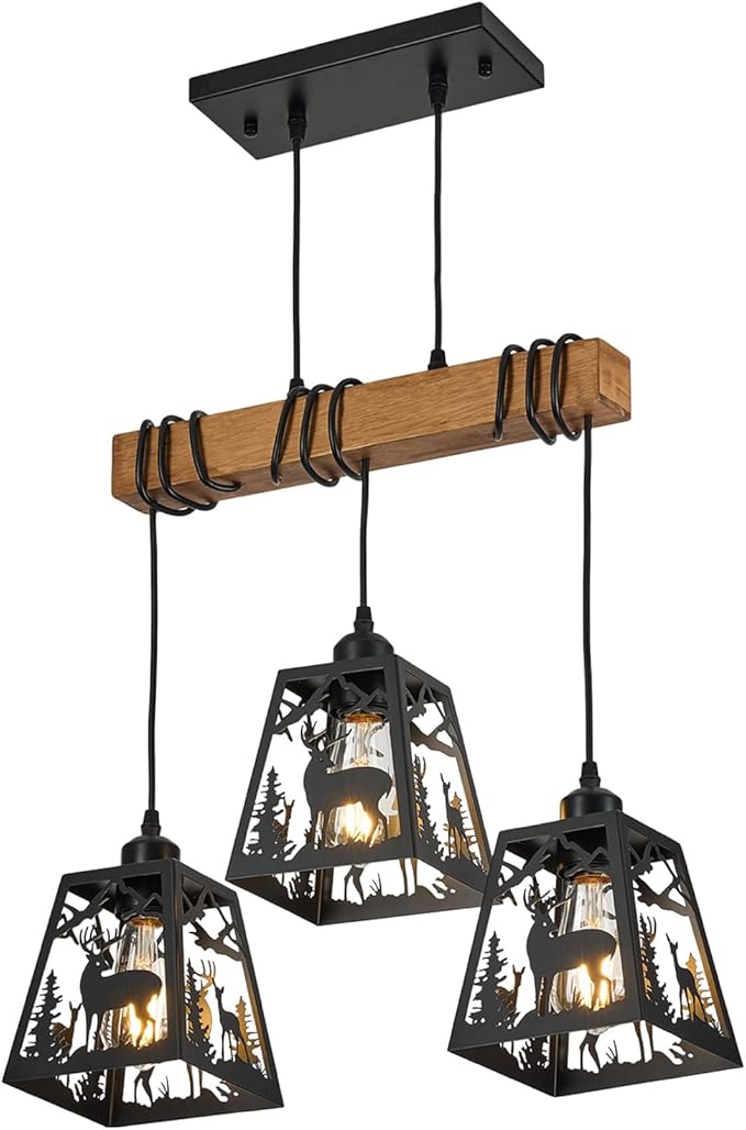 3-Lights Farmhouse Dining Room Pendant Light Fixtures, Rustic Solid Wood Kitchen Island Lighting Hanging with Deer Metal Shades for Restaurant, Kitchen Island, Hallway