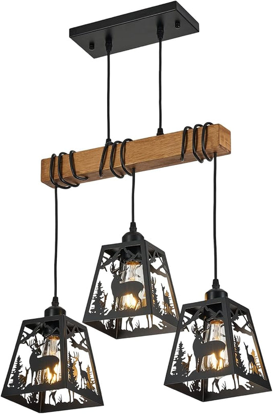 3-Lights Farmhouse Dining Room Pendant Light Fixtures, Rustic Solid Wood Kitchen Island Lighting Hanging with Deer Metal Shades for Restaurant, Kitchen Island, Hallway
