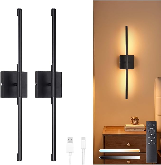 Shenmoyl Battery Operated Wall Sconce Set of 2, 8000mAh Wireless Wall Sconces, 3000K-6000K Dimmable, 350°Rotate, Indoor Wall Lights with Remote for Bedroom Living Room Bathroom, Black, 23.6 Inch