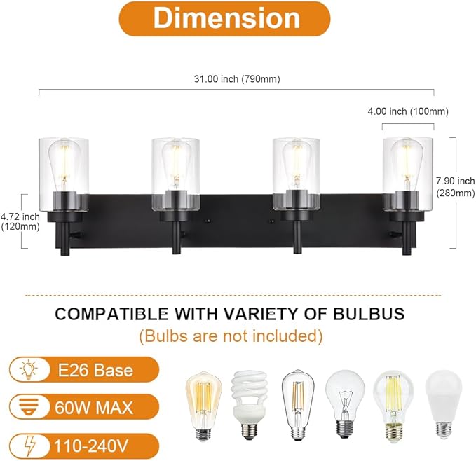 VINLUZ 4 Lights Bathroom Vanity Light Fixture Black Sconces Wall Lighting with Clear Glass Shade Modern Industrial Indoor Wall Mounted Lamp, Farmhouse Lighting for Kitchen (Patent No.: US D958,438 S)