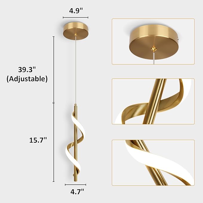CANEOE Gold Pendant Light, Spiral Modern Led Pendant Lighting for Kitchen Island, 5500K Brushed Brass Ceiling Hanging Light Fixture for Dining Room Bedroom Sink Table Small Pendant Lights