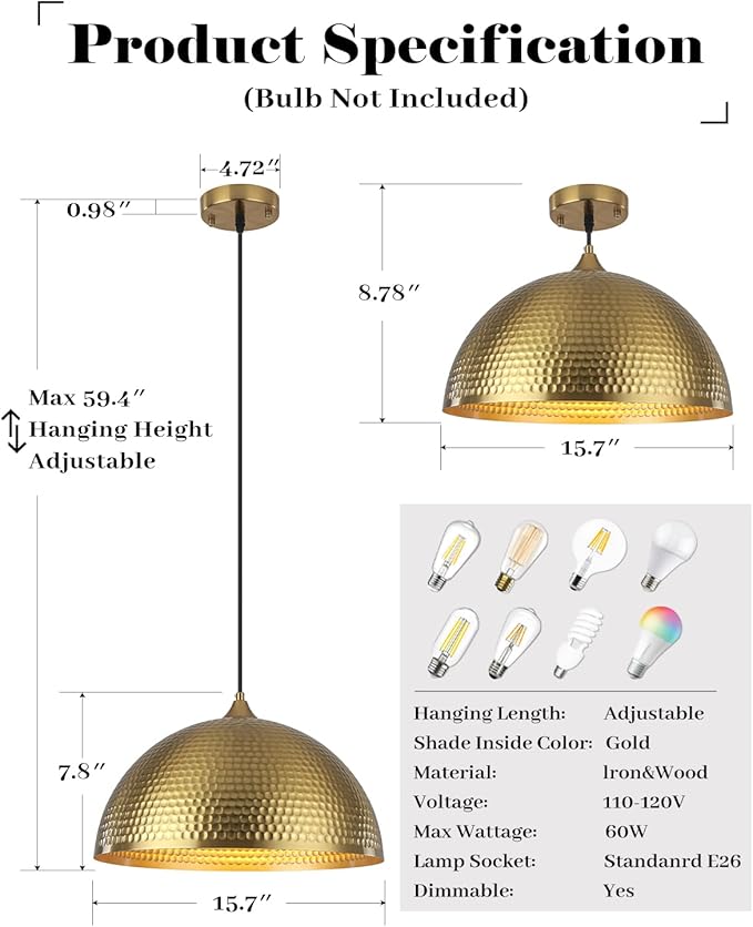 Gold Pendant Light 16 inch, Hammered Large Dome Pendant Light, Industrial Farmhouse Pendant Lights Kitchen Island, Oversize Gold Kitchen Pendant Lights for Kitchen, Dining Room 3 Packs