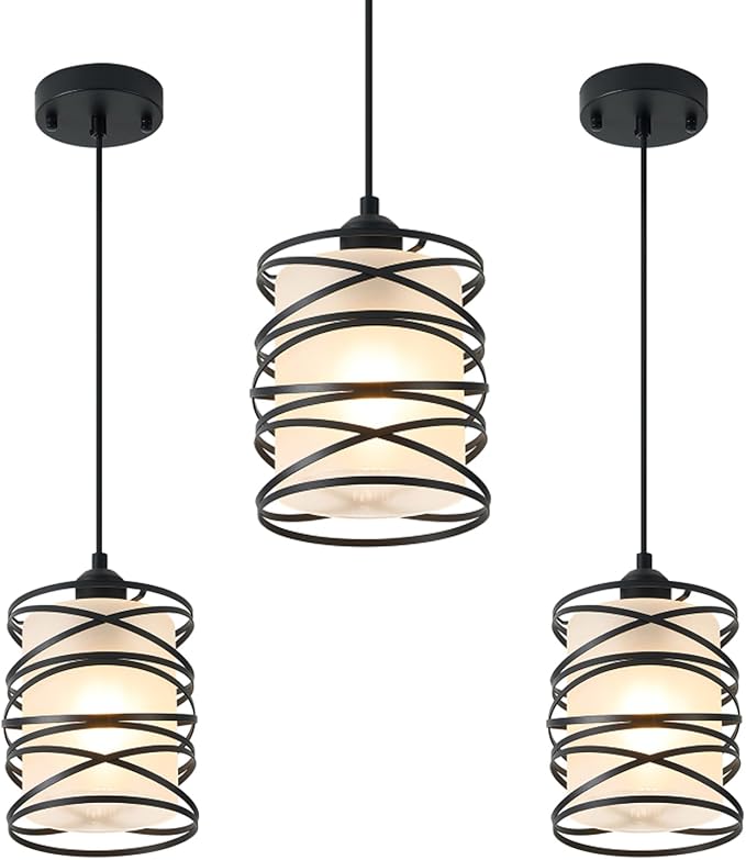 3 Pack Frosted Glass Pendant Light Fixtures 6.3Inch Spiral Metal Cage Mini Pendant Lighting Handblown Kitchen Island Hanging Light Adjustable Cord Pendant Lamp for Dining Room Foyer Hallway, E26