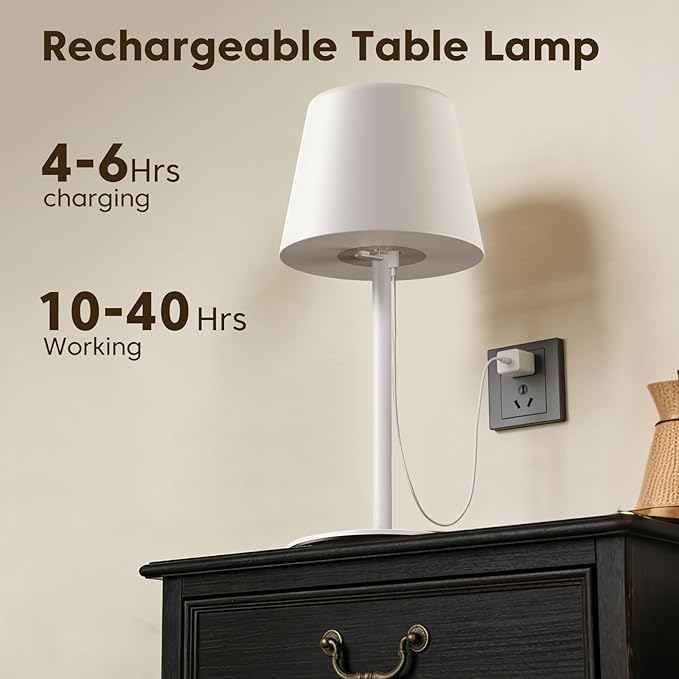 NEEZUKAR Cordless Table Lamp for Bedroom,Rechargeable IP65 Waterproof Shower Lamp with 4000mAh Battery, Touch Dimmable LED Desk Light for Bathroom,Kitchen,Outdoor Patio (White)
