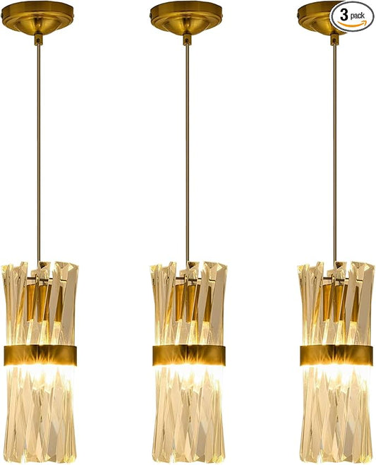 Ken & Ricky Pendant Lights Kitchen Island Gold 3 Pack,Crystal Pendant Lighting Over Island,Modern Pendant Light Fixtures for Dining Room Bedroom Bathroom Livingroom