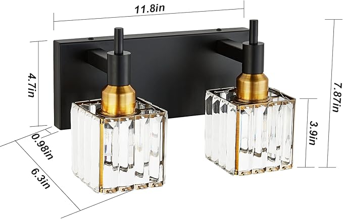Modern Crystal Bathroom Vanity Light 2-Lights Black and Gold Bathroom Light Fixtures Over Mirror Bath Wall Sconce Lighting with Adjustment Angle