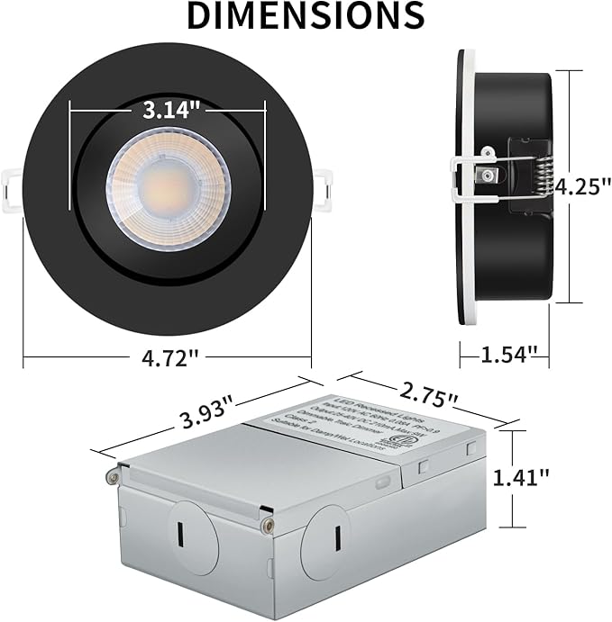 KnLnny Ware Black Gimbal recessed Lights 4 Inch 6 Pack, Gimbal canless recessed Lights with Junction Box,9W 750LM,Dimmable,5CCT Selectable,Air Tight