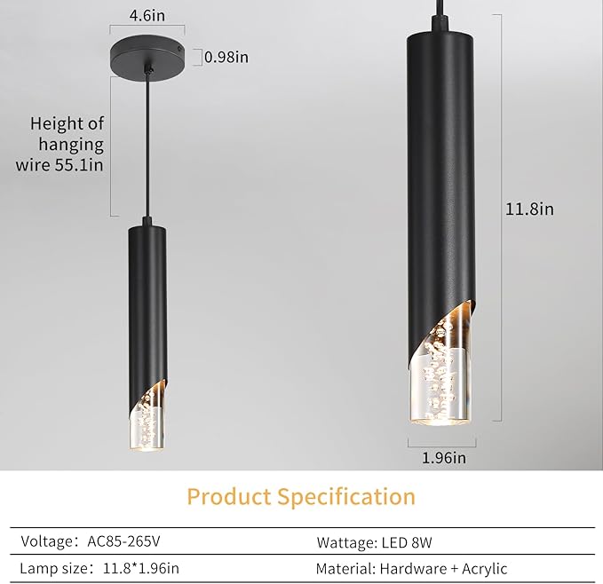 Minimalist Kitchen Island Pendant Lights, Black Modern Linear Hanging Light Fixture, Bubble Acrylic, Adjustable 2700K/4500K/6500K, LED Ceiling Lighting for Dining Room, Bedside, Bathroom, Bar