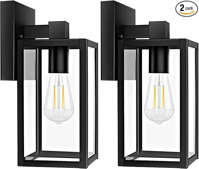 Brightever 2-Pack Outdoor Wall Lantern, Exterior Waterproof Wall Sconce Light Fixtures, Black Outside Wall Lights with Clear Glass for House, Porch, Front Door, Garage, Patio, Bulbs Not Included