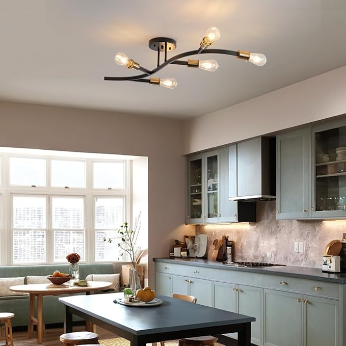 Modern Sputnik Semi Flush Mount Ceiling Light Fixture Black and Gold,5-Lights Mid Century Sputnik Chandelier for Dining Room,Kitchen,Hallway,Laundry Room,Bedroom(Bulbs Not Included)