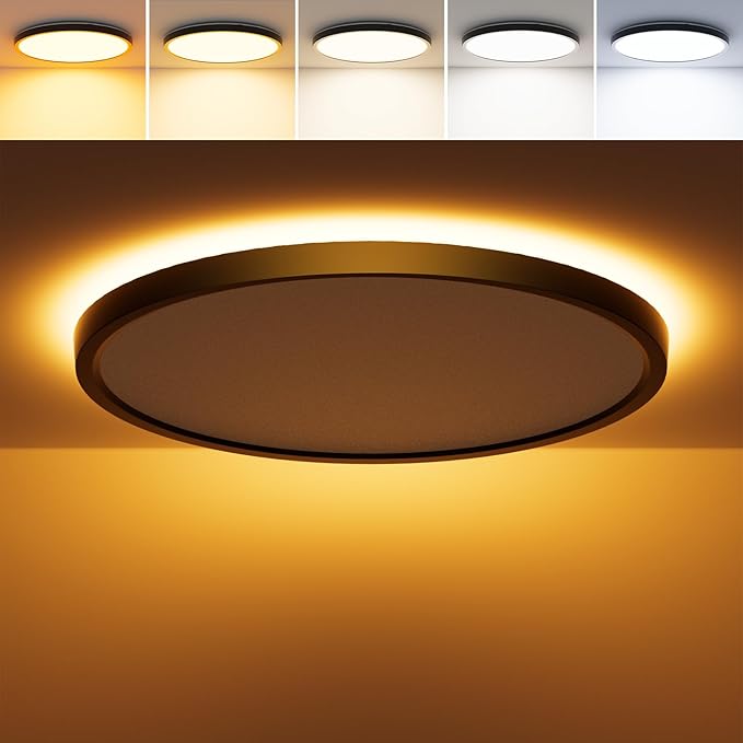 15 Inch LED Flush Mount Ceiling Light with Night Light, 30W 3000LM, 5CCT-2700K/3000K/4000K/5000K/6500K & Dimmable, Black Round Ceiling Light for Bedroom, Kitchen