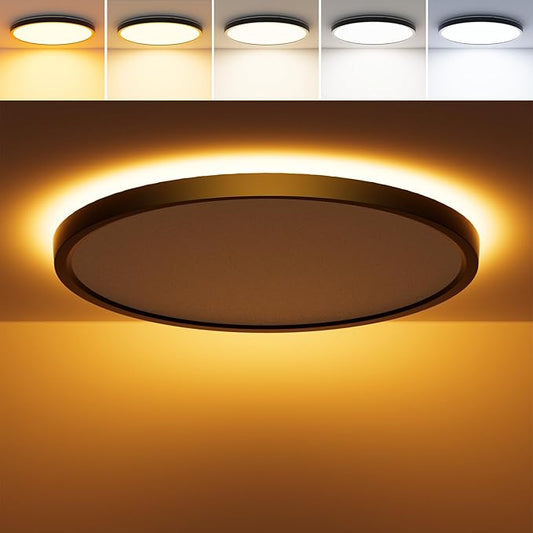 15 Inch LED Flush Mount Ceiling Light with Night Light, 30W 3000LM, 5CCT-2700K/3000K/4000K/5000K/6500K & Dimmable, Black Round Ceiling Light for Bedroom, Kitchen
